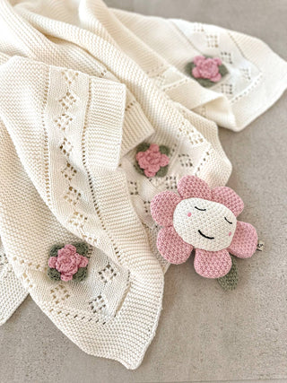 Viverano Flower Pointelle Knit Blanket & Flower Rattle Gift Set