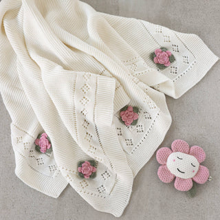 Viverano Flower Pointelle Knit Blanket & Flower Rattle Gift Set