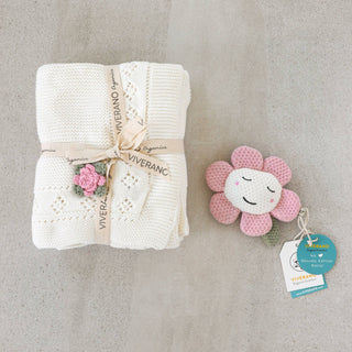 Viverano Flower Pointelle Knit Blanket & Flower Rattle Gift Set