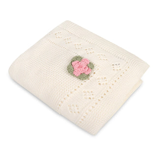 Viverano Flower Pointelle Knit Blanket & Flower Rattle Gift Set