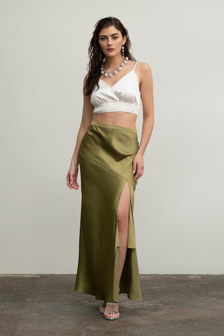 Tiffany Satin Side Slit Midi Skirt
