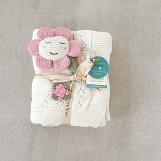 Viverano Flower Pointelle Knit Blanket & Flower Rattle Gift Set