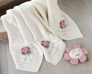 Viverano Flower Pointelle Knit Blanket & Flower Rattle Gift Set