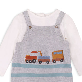 Viverano Train Applique & Stripe Baby Overall & Bodysuit Set: Heather Grey/Ocean Teal / 0-3M