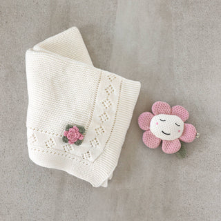Viverano Flower Pointelle Knit Blanket & Flower Rattle Gift Set
