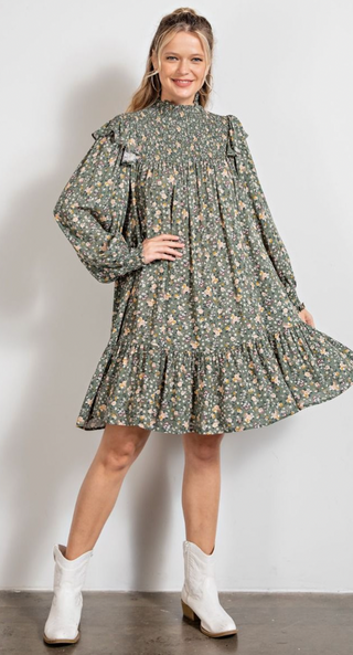Easel Olivia Long Sleeve Rayon Gauze Ruffle bottom Dress