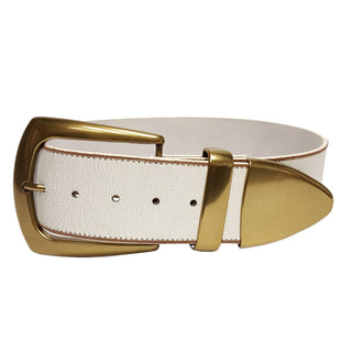 Wide Width Off-White Leather Belt with Gold Buckle Set