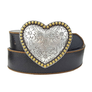 Vintage Black Leather Belt with Heart Buckle