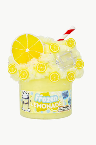 Toy resembling a frozen lemonade with lemons, a straw, and a label on a white background
