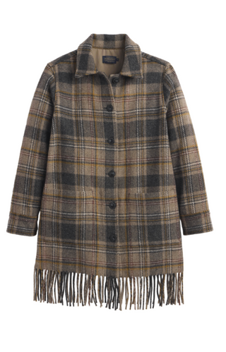 A brown and beige plaid coat with a fringed hem, shown against a plain white background.