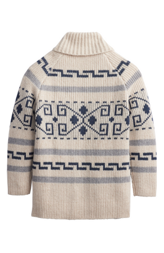 A cream-colored ribbed knit sweater with a navy blue geometric Fair Isle pattern across the chest, shoulders, and sleeves, shown against a plain white background.
