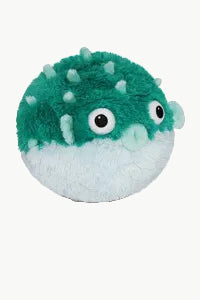 Plush toy resembling a puffer fish with green top half and white bottom half.