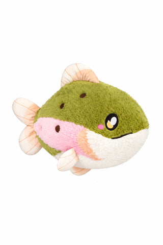 A plush toy shaped like a cute green fish with pink, white, and peach rainbow trout