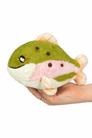 Plush toy resembling a green and pink fish. Rainbow trout.