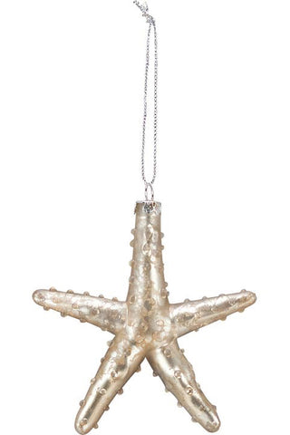 A metallic silver starfish-shaped hanging ornament with a textured finish and a silver hanging string, shown against a plain white background.