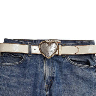 Vintage White Leather Belt with Heart Buckle