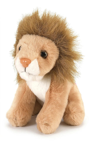 A plush toy resembling a lion with a brown, beige, and white color scheme, made from recycled materials.