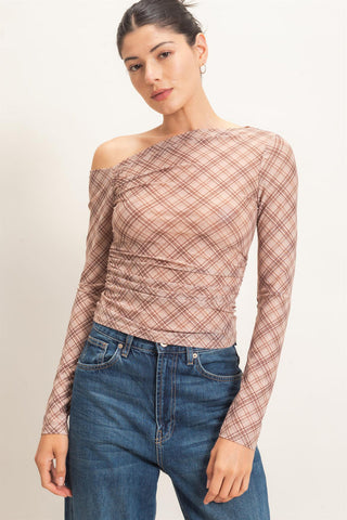 Heather Plaid Off Shoulder Top