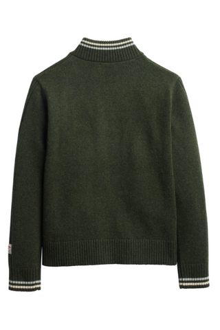 An olive green knit sweater with cream and black striped ribbed trim at the mock neck, cuffs, and hem, shown from the back on a white background.