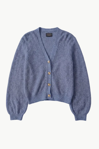 A dusty blue knit cardigan sweater with a V-neck, button-front closure, and voluminous long sleeves, shown flat on a white background.
