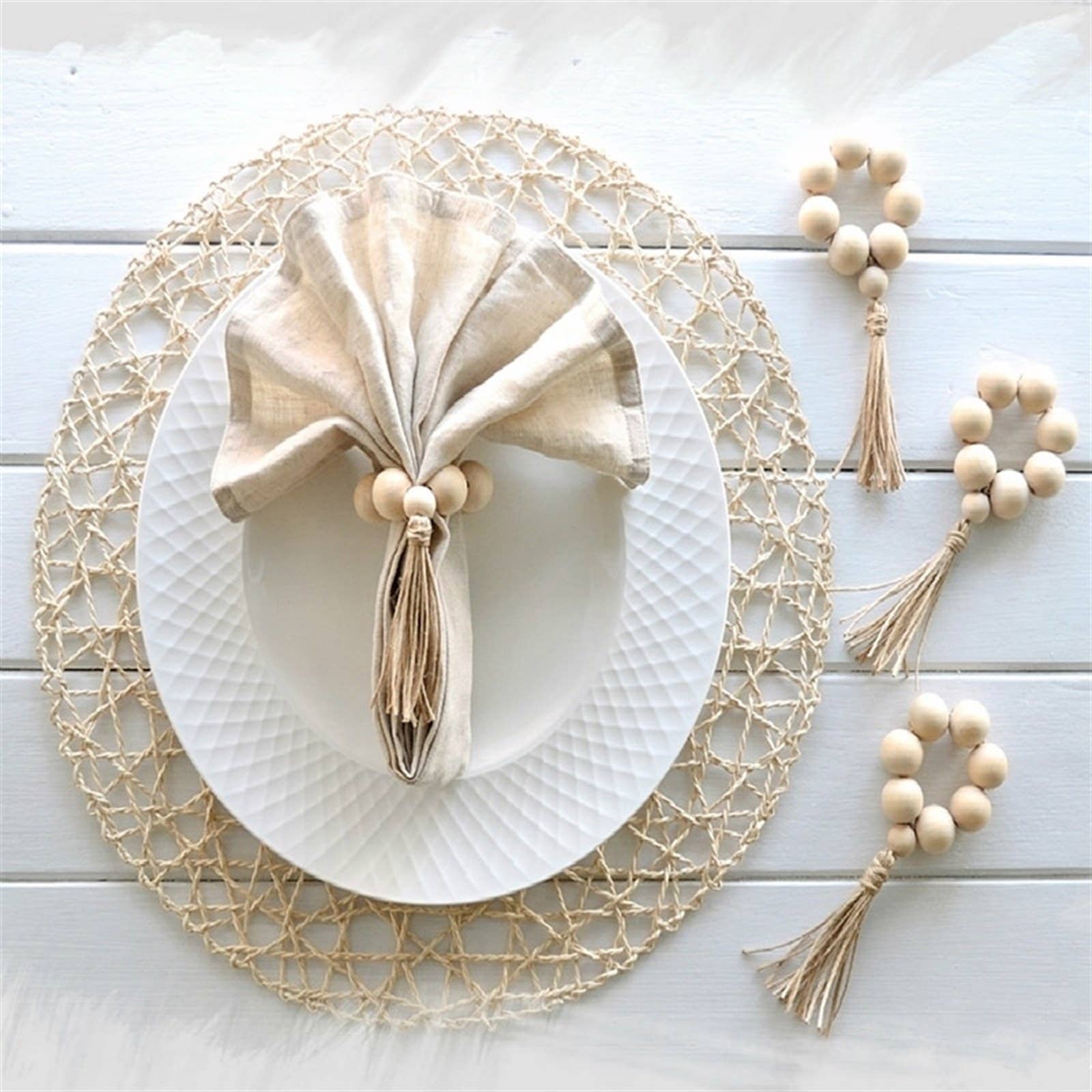 Wooden Bead Napkin Ring Set