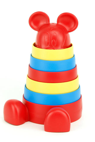 A colorful Mickey Mouse themed stacker toy with red, blue, and yellow nesting pieces and an Mickey Mouse character at the top.