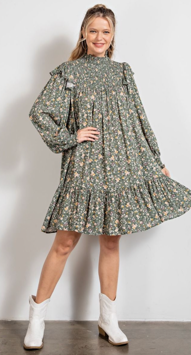 Easel Olivia Long Sleeve Rayon Gauze Ruffle bottom Dress