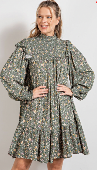 Easel Olivia Long Sleeve Rayon Gauze Ruffle bottom Dress