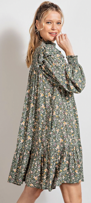 Easel Olivia Long Sleeve Rayon Gauze Ruffle bottom Dress