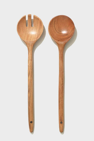 A two-piece acacia salad serving set, including a salad fork and a salad spoon, both with a smooth finish and no handles.